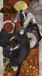  2boys abuto bandaged_arm bandages braid brown_hair cape chinese_clothes floral_background gintama highres kamui_(gintama) male_focus moon multiple_boys nikuhen orange_hair sleeves_rolled_up umbrella 