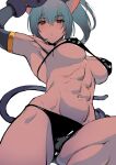  abs absurdres animal_ears animal_hands beniazumaru bikini black_bikini blue_eyes blue_hair breasts cat_ears cat_hair_ornament cat_paws cat_tail cleavage from_below gloves hair_ornament highres large_breasts leona_heidern micro_bikini midriff muscular muscular_female navel paw_gloves ponytail snk snk_heroines:_tag_team_frenzy swimsuit tail tan the_king_of_fighters 
