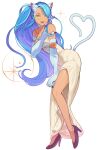  1girl alternate_costume animal_ears animal_hands big_hair blue_hair breasts cat_ears cat_tail dress felicia_(vampire) full_body green_eyes highres koyoi_mitsuki long_hair looking_at_viewer open_mouth smile solo standing tail vampire_(game) white_dress 