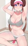  1girl areola_slip arm_behind_head armpits arms_up bangs blue_eyes bra breasts brown_hair condom double_bun gatchan grey_bra grey_panties hair_bun highres large_breasts looking_at_viewer mole mole_on_breast navel panties partially_visible_vulva pokemon pokemon_(game) pokemon_bw2 revision rosa_(pokemon) sitting solo stomach sweat thighs twintails underwear visor_cap wooden_floor 