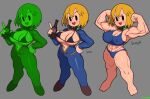  abs artist_name bikini bikini_top_only blonde_hair breasts fallout_(series) grey_background highres large_breasts multiple_persona muscular muscular_female navel nuka_cola open_clothes short_hair soda_bottle sports_bra swimsuit vault_girl vault_suit waa153 