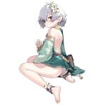  1girl absurdres ass backless_dress backless_outfit bag bangs barefoot breasts closed_mouth commentary_request detached_sleeves dress feet flower from_side full_body gold_trim green_dress green_sleeves grey_hair hair_between_eyes hair_flower hair_ornament highres kokkoro_(princess_connect!) legs looking_at_viewer looking_to_the_side medium_breasts medium_hair panties pantyshot pointy_ears princess_connect! prossss red_eyes shoulder_bag sidelocks simple_background sitting sleeveless sleeveless_dress smile soles solo thighs toes underwear wariza white_background white_flower white_panties 