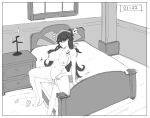  2girls ahoge bedside beidou_(genshin_impact) blush breasts candlestand condom cupboard futa_with_female futanari ganyu_(genshin_impact) genshin_impact goat_horns greyscale heart highres hinagi_(fox_priest) horns implied_futanari indoors medium_breasts monochrome multiple_girls nude one_eye_covered open_mouth reverse_upright_straddle sex spoken_heart sweat sweating_profusely timestamp used_condom used_tissue yuri 