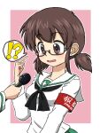  !? 1girl birthday blush brown_hair commentary commentary_request girls_und_panzer glasses microphone ooarai_school_uniform ou_taiga school_uniform short_twintails takahashi_kurage textless_version twintails 