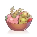  bowl closed_mouth commentary_request highres hoppip in_bowl in_container leaf lettuce no_humans ojikanoooo pokemon pokemon_(creature) signature smile smoliv tomato_slice wavy_mouth yellow_eyes 