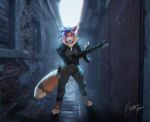  alley anthro armor brightphoenix canid canine clothing costume danny_vaughan fox gun male mammal ranged_weapon rifle solo street weapon 