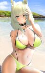  1girl animal_ear_fluff animal_ears arknights arm_behind_back bangs bare_shoulders beach bikini blue_sky blunt_bangs breasts cat_ears cleavage collar collarbone commentary day english_commentary eyebrows_behind_hair genm7 green_bikini green_eyes green_hair hand_in_own_hair hand_up highres jewelry kal&#039;tsit_(arknights) large_breasts long_hair looking_at_viewer navel necklace ocean oripathy_lesion_(arknights) parted_lips sitting skindentation sky solo stomach swimsuit water 
