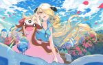  1girl basket blonde_hair blue_shirt breasts cleavage cloud collarbone collared_shirt commentary_request cynthia_(pokemon) day drinking_straw falling_petals floating_hair flower from_below gastrodon gastrodon_(west) glass grey_eyes hair_ornament hair_over_one_eye hand_up kusuribe long_hair outdoors petals pokemon pokemon_(anime) pokemon_(creature) pokemon_bw_(anime) shirt sky sleeveless sleeveless_shirt very_long_hair 