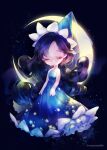  1girl blue_dress chibi closed_eyes closed_mouth cloud commentary_request cookie_run crescent_moon crying dress earrings elbow_gloves gloves hat highres humanization jewelry long_hair moon moonlight_cookie mooooong1008 purple_hair ruck solo strapless strapless_dress tears very_long_hair white_gloves 