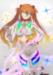  1girl artist_name bangs blue_eyes bodysuit breasts commentary evangelion:_3.0+1.0_thrice_upon_a_time fadingz gradient gradient_hair green_eyes hair_ornament hand_on_hip hand_up heterochromia highres interface_headset long_hair looking_at_viewer medium_breasts multicolored_hair neon_genesis_evangelion neon_trim orange_hair parted_lips plugsuit rebuild_of_evangelion shiny shiny_clothes shiny_hair signature simple_background skin_tight solo souryuu_asuka_langley turtleneck white_bodysuit 