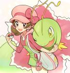  1girl :d alternate_color bag blush bow brown_eyes brown_hair cabbie_hat commentary_request eyelashes green_overalls hat hat_bow highres holding holding_poke_ball long_hair lyra_(pokemon) meganium open_mouth pink_bow pink_headwear pink_shirt poke_ball pokegear pokemon pokemon_(creature) pokemon_(game) pokemon_masters_ex rata_(m40929) shirt sleeves_past_elbows smile tongue twintails 