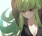  1girl arms_up bangs blush breasts c.c. cleavage closed_mouth code_geass collarbone creayus eyebrows_visible_through_hair green_hair hair_between_eyes long_hair medium_breasts simple_background solo upper_body very_long_hair white_background yellow_eyes 