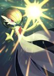  bangs blurry commentary_request energy_ball gardevoir green_background green_hair highres pokemon pokemon_(creature) red_eyes red_pupils solo spread_fingers tesshii_(riza4828) 