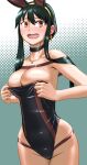  1girl alternate_costume bangs bare_shoulders black_choker black_hair black_leotard blush breasts choker ear_blush earrings embarrassed furrowed_brow gold_earrings gold_hairband gold_necklace green_background groin hadairo_rainbow highres jewelry large_breasts leotard leotard_tug long_hair looking_to_the_side looking_up open_mouth playboy_bunny raised_eyebrows red_eyes short_hair_with_long_locks sidelocks skindentation solo spy_x_family strapless strapless_leotard sweatdrop thighs wide_hips yor_briar 