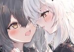  2girls after_kiss arknights bangs black_hair blush brown_eyes close-up eye_contact eyebrows_visible_through_hair eyelashes hair_between_eyes highres holding_hands interlocked_fingers lappland_(arknights) long_hair looking_at_another mifuji_(fujisan_1933331) multiple_girls open_mouth orange_eyes saliva saliva_trail scar scar_across_eye scar_on_face signature tears texas_(arknights) tongue tongue_out upper_body white_hair yuri 