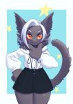  2022 4_fingers anthro blouse blush bottomwear clothed clothing cute_fangs domestic_cat felid feline felis female fingers fluffy fur grey_body grey_fur hair kemono looking_at_viewer mammal orange_eyes paws portrait pupils short_hair skirt slit_pupils solo three-quarter_portrait topwear unousaya white_hair 