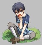  1boy bangs black_hair blue_shirt brown_footwear eating eyebrows_visible_through_hair faux_figurine food fruit grey_background grey_eyes grey_pants hair_between_eyes holding holding_food holding_fruit kirito looking_at_viewer male_focus pants shiny shiny_hair shirt short_hair short_sleeves shoura simple_background solo sword_art_online 