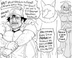  1girl 2boys absurdres animal_ears arm_hair ash_ketchum bangs baseball_cap bb_(baalbuddy) body_fur breasts cleavage coat commentary crying cynthia_(pokemon) english_commentary english_text facial_hair fingerless_gloves fur_collar furry furry_male gloves grey_outline greyscale hair_ornament hair_over_one_eye half-closed_eyes hand_on_another&#039;s_shoulder hand_up hat highres holding_own_wrist hypno knees_up large_breasts laughing legs_together long_hair looking_at_another monochrome multiple_boys one_eye_covered pants pokemon pokemon_(anime) pokemon_(classic_anime) pokemon_(creature) pokemon_(game) pokemon_dppt sad shirt short_hair short_sleeves sidelocks simple_background sitting sketch snot speech_bubble spiked_hair standing stubble sweat swept_bangs talking tears text_focus trembling undershirt white_background 