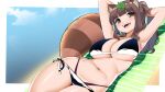  1girl absurdres animal_ears armpits arms_up bangs bikini black_bikini blush breasts brown_eyes brown_hair erotanuki highres large_breasts layered_bikini leaf leaf_on_head long_hair looking_at_viewer open_mouth original raccoon_ears raccoon_girl raccoon_tail smile solo swimsuit tail 