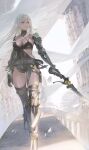  bangs bare_shoulders black_choker boots breasts building choker cleavage cyborg feather-trimmed_sleeves frenlyse gloves grey_hair highres impossible_clothes large_breasts long_hair maeshima_shigeki mechanical_arms mechanical_legs multi-strapped_bra nier_(series) nier_reincarnation prosthesis prosthetic_arm prosthetic_leg purple_eyes single_mechanical_arm single_mechanical_leg thigh_boots thighhighs 