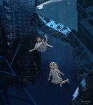  2girls black_eyes black_hair blonde_hair blue_eyes building chito_(shoujo_shuumatsu_ryokou) city freediving highres mikun109323 multiple_girls post-apocalypse ruins scenery shirt shoujo_shuumatsu_ryokou submerged swimming underwater water white_shirt yuuri_(shoujo_shuumatsu_ryokou) 