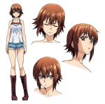  1girl bare_shoulders blue_shorts boots breasts brown_eyes brown_footwear brown_hair closed_eyes closed_mouth collarbone cropped_torso denim denim_shorts facing_viewer frown full_body grand_blue knee_boots kotegawa_chisa looking_at_viewer medium_breasts official_art portrait shiny shiny_hair shirt short_hair short_shorts shorts sleeveless sleeveless_shirt standing v-shaped_eyebrows white_background white_shirt 