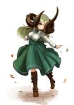  159cm 1girl animal_ears asymmetrical_horns bangs blush boots brown_footwear closed_mouth commentary_request full_body glan_(159cm) green_hair green_skirt hair_between_eyes head_tilt horns long_hair long_sleeves looking_at_viewer original outstretched_arms simple_background skirt solo white_background 