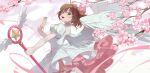  1girl angel_wings bow brown_hair cardcaptor_sakura cherry_blossoms clear_card dress green_eyes hair_bow holding holding_staff kinomoto_sakura looking_at_viewer magical_girl open_mouth pink_bow pink_dress pink_ribbon puffy_short_sleeves puffy_sleeves ribbon short_hair short_sleeves staff thigh_strap white_dress white_wings wings xiaojiaju yume_no_tsue 