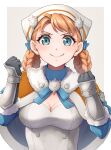  1girl alternate_hairstyle annette_fantine_dominic blue_eyes blue_ribbon braid breasts cape cleavage clenched_hands closed_mouth dress fire_emblem fire_emblem:_three_houses fire_emblem_warriors:_three_hopes fur-trimmed_gloves fur_trim gloves hands_up looking_at_viewer medium_breasts official_alternate_costume official_alternate_hairstyle orange_cape orange_hair ribbon simple_background smile solo ten_(tenchan_man) twin_braids twintails upper_body v-shaped_eyebrows white_dress 