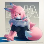  1girl animal_ears barefoot black_pants brand_new_animal closed_mouth copyright_name fox_ears fox_girl fox_tail full_body furry furry_female gradient gradient_background grey_background grey_jacket highres hiwatashi_nazuna jacket long_hair long_sleeves looking_at_viewer michirutnk multicolored_hair pants pink_hair red_eyes snout solo streaked_hair tail toes 