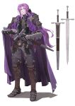  1boy armor artist_name black_ribbon cape commission copyright_request full_body hair_ribbon highres holding holding_sword holding_weapon jun_(seojh1029) long_hair male_focus pauldrons purple_cape purple_hair ribbon shoulder_armor simple_background skeb_commission solo standing sword weapon white_background 