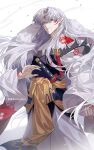  1boy facial_mark forehead_mark fur_trim highres inuyasha japanese_clothes katana kimono long_hair long_sleeves looking_at_viewer male_focus pointy_ears sesshoumaru sword weapon whisker_markings white_hair white_kimono wide_sleeves xiaojiaju yellow_eyes 