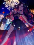  1girl bangs bare_legs black_choker black_dress black_hair black_ribbon blue_eyes breasts choker colored_inner_hair dress elizabeth_tower fate/grand_order fate_(series) fireworks gem hair_ribbon highres holding holding_gem long_dress looking_at_viewer multicolored_hair night night_sky official_alternate_costume one_eye_closed open_mouth outdoors parted_bangs red_hair ribbon sky small_breasts solo star_(sky) starry_sky thighlet tohsaka_rin twintails two-tone_hair ubwmitekure 