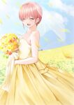  1girl asymmetrical_hair bare_shoulders blue_sky bouquet breasts bridal_veil bride cleavage closed_eyes cloud collarbone cowboy_shot dress flower go-toubun_no_hanayome highres holding holding_bouquet mame1645 medium_breasts nakano_ichika open_mouth outdoors petals pink_flower pink_hair pink_rose rose sky solo standing sunlight veil wedding_dress yellow_dress yellow_flower yellow_rose 