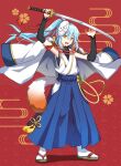  1other :d androgynous arms_up blue_hair blue_hakama floating_hair full_body hair_ribbon hakama haori high_ponytail highres holding holding_sword holding_weapon japanese_clothes katana kimono long_hair mask mask_on_head open_mouth red_background red_ribbon ribbon rimuru_tempest shiny shiny_hair shoura sleeveless sleeveless_kimono smile standing sword tabi tensei_shitara_slime_datta_ken weapon white_kimono white_legwear 