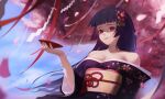  1girl absurdres bangs bare_shoulders black_hair black_kimono blunt_bangs blurry blurry_background breasts character_request cherry_blossoms cleavage confetti cup day floral_print flower hair_flower hair_ornament highres japanese_clothes kimono long_hair obi outdoors red_eyes sakazuki sash shenxiu shide small_breasts streamers tree upper_body 