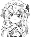  1girl :t ascot bangs blush eyebrows_visible_through_hair face fang fang_out flandre_scarlet greyscale hair_between_eyes hat highres looking_at_viewer mob_cap monochrome nail_polish oninamako short_sleeves solo touhou upper_body wings wrist_cuffs 