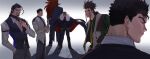  bare_pectorals berserk black_hair cape cape_lift character_request closed_eyes coat collar collared_cape collared_coat collared_jacket collared_shirt darius_(league_of_legends) ear_piercing earrings facial_tattoo falloutbart formal gloves guts_(berserk) hand_in_pocket highres jacket jayce_(league_of_legends) jewelry league_of_legends long_hair looking_at_viewer looking_back looking_to_the_side male_focus manly mature_male multiple_boys muscular muscular_male necktie pants pectorals piercing pointy_ears ponytail red_hair ring scar scar_on_face scar_on_nose shirt short_hair smirk spiked_hair suit sylas_(league_of_legends) tattoo teeth undercut 