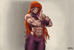  1girl abs absurdres artist_name bangs biceps black_pants cowboy_shot eyebrows_visible_through_hair fuuma_kotarou_(tenkaichi) halter_top halterneck hand_up highres kauanklz long_hair muscular muscular_female pants red_eyes red_hair solo tenkaichi_nihon_saikyou_bugeisha_ketteisen very_long_hair 