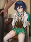  2boys alternate_legwear androgynous bangs beer_mug black_hair blue_hair blurry blurry_foreground blush bow braid bulge cape closed_mouth collared_cape collared_shirt commentary_request corset cum cum_in_container cum_in_cup cup eyebrows_visible_through_hair frilled_sleeves frills genshin_impact gokkun gradient_hair green_cape green_eyes green_shorts highres holding holding_cup ikemeru19 long_sleeves male_focus mug multicolored_hair multiple_boys otoko_no_ko shirt short_hair_with_long_locks shorts side_braids sidelocks sitting thighhighs twin_braids venti_(genshin_impact) white_legwear white_shirt yaoi 