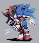  2boys artist_name black_fur blue_fur bracelet closed_eyes gareki_sh gauntlets gloves hug jewelry looking_at_another male_focus multicolored_fur multiple_boys open_mouth pointy_nose red_eyes red_fur shadow_the_hedgehog shoes signature sonic_(series) sonic_the_hedgehog spiked_hair teeth tongue 