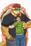  &lt;3 blush bottomwear bowser brown_hair clothing duo embrace facial_hair goatee hair hi_res horn hug human koopa lhjal2 luigi male male/male mammal mario_bros muscular mustache nintendo pants red_hair scalie shell shirt size_difference smile spike_(disambiguation) topwear video_games 