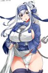 1girl ainu_clothes blue_hair blue_headband breasts chain clothes_lift dated eyebrows_visible_through_hair folded_ponytail fundoshi gradient_hair grey_eyes hair_between_eyes happa_(cloverppd) headband japanese_clothes kamoi_(kancolle) kantai_collection large_breasts lifted_by_self long_hair multicolored_hair parted_lips pelvic_curtain pelvic_curtain_lift rigging sideboob sidelocks signature simple_background solo tassel thighhighs white_background white_hair wrist_guards 