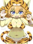  anthro arms_above_head blonde_hair blue_eyes bottomwear bra clothed clothing cute_fangs domestic_cat fake_paws fake_tail felid feline felis female hair hi_res kemono mammal mgro02 navel open_mouth partially_clothed paw_pose pawpads pose shorts signature simple_background solo standing tiger_costume tiger_stripes underwear white_background yellow_body 