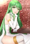  1girl arm_on_table bangs bare_shoulders breasts brick_wall chuu_(rinet) elbow_gloves eyebrows_visible_through_hair fire_emblem fire_emblem:_mystery_of_the_emblem fire_emblem_heroes gloves green_eyes green_hair head_on_hand headband long_hair looking_at_viewer open_mouth palla_(fire_emblem) sitting solo table white_gloves 