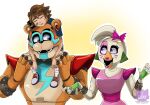  1girl 2boys artist_logo artist_name bandaid bandaid_on_face blue_eyes bow bowtie brown_hair chica ear_piercing earrings facial_tattoo fangs fingerless_gloves five_nights_at_freddy&#039;s five_nights_at_freddy&#039;s:_security_breach freddy_fazbear gamyservice glamrock_chica glamrock_freddy gloves gregory_(fnaf) highres jewelry lifting lifting_person looking_at_another messy_hair multiple_boys open_mouth piercing purple_eyes ribbon robot shirt shoes shoulder_pads sleeping t-shirt tattoo teeth twitter_username upper_body wristband 