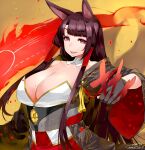  1girl akagi_(azur_lane) animal_ears azur_lane bangs breasts brown_hair cleavage dated detached_collar eyebrows_visible_through_hair fox_ears fox_girl happa_(cloverppd) holding japanese_clothes large_breasts long_hair looking_at_viewer parted_lips red_eyes shikigami sidelocks signature simple_background solo upper_body very_long_hair wide_sleeves 
