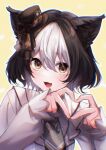  1girl :d animal_ear_fluff animal_ears animal_print bangs black_hair black_headwear black_necktie bow brown_background brown_bow brown_eyes bunny_print copyright_request eyebrows_visible_through_hair hair_between_eyes hands_up hat hat_bow heart heart_hands highres kitasaya_ai long_sleeves multicolored_hair necktie outline plaid plaid_bow print_necktie puffy_long_sleeves puffy_sleeves shirt sleeves_past_wrists smile solo tilted_headwear two-tone_hair virtual_youtuber white_hair white_outline white_shirt 