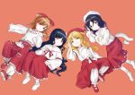  4girls bangs beret black_hair blonde_hair blonde_shrine_maiden_from_a_future_era_(touhou) bloomers blunt_bangs bobby_socks bow colored_shoe_soles commentary_request detached_sleeves frilled_skirt frills full_body girl_who_trained_on_mt._haku_(touhou) hair_bow hakama hakama_skirt hat highres hourai_girl_(touhou) japanese_clothes kariginu kimono long_hair long_sleeves lying mary_janes miko moonlight&#039;s_anti-soul_(touhou) multiple_girls neck_ribbon no_shoes nostalgiclock on_back on_side orange_hair pocket portrait_of_exotic_girls purple_eyes red_bow red_eyes red_footwear red_hakama red_headwear red_ribbon red_skirt ribbon sash shirt shoe_soles shoes short_hair simple_background skirt socks touhou underwear very_long_hair wavy_hair white_bloomers white_headwear white_kimono white_legwear white_ribbon white_sash white_shirt white_sleeves wide_sleeves yellow_eyes 