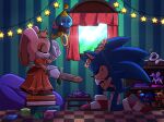  1girl 2boys artist_name blue_fur book bow bowtie chao_(sonic) closed_eyes cream_the_rabbit crown curtains day dress flying gloves head_wreath highres jewelry kneeling light long_dress multiple_boys open_mouth pointy_nose ring room shelf short_sleeves signature smile sonic_(series) sonic_the_hedgehog spiked_hair star_(symbol) sticker stuffed_toy sword teapot tongue toy vanessasonica weapon wooden_sword 